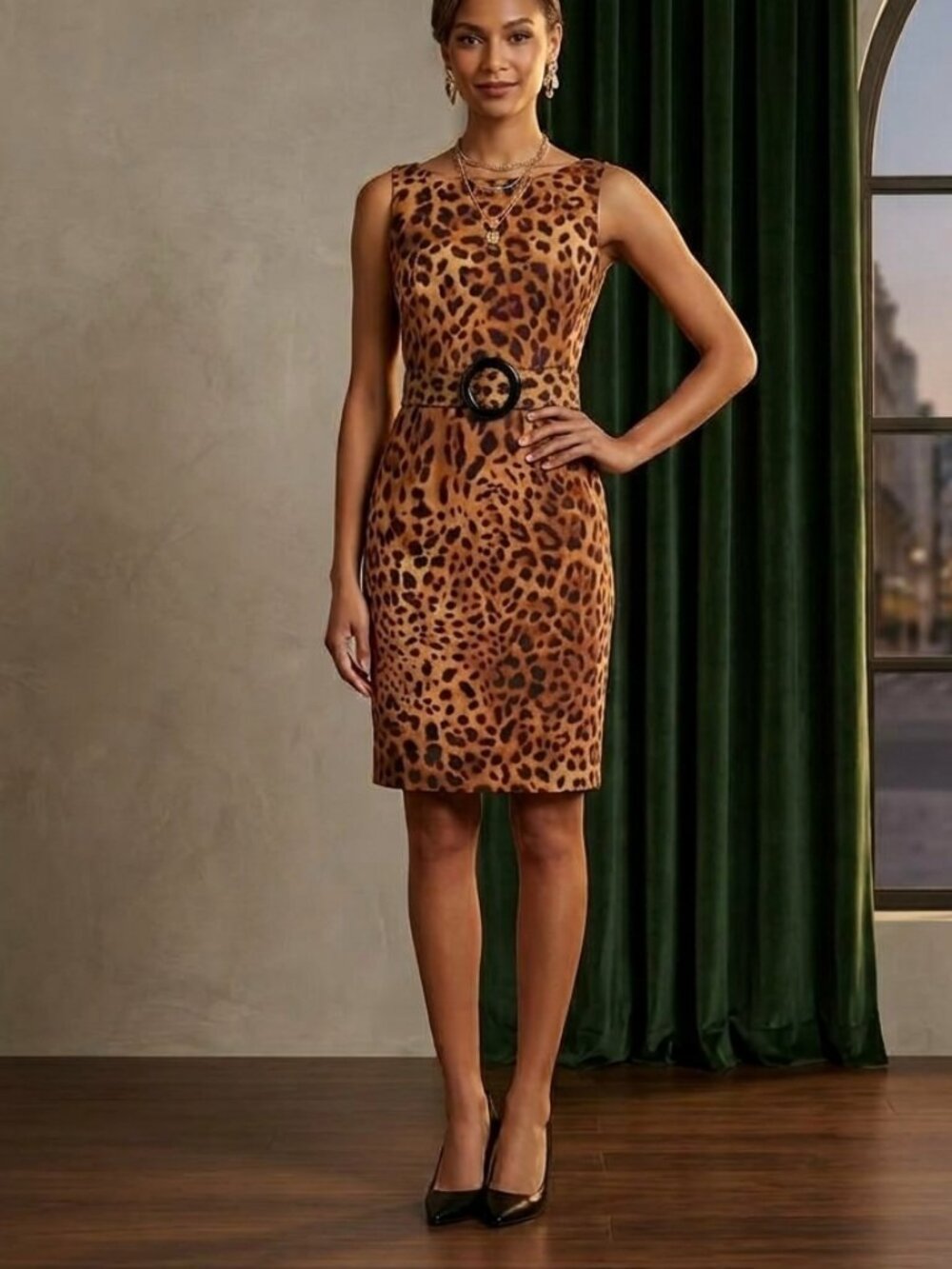 Rafaella Studio Leopard Print Sheath Dress 8 Sleeveless Crewneck Matching Belt
